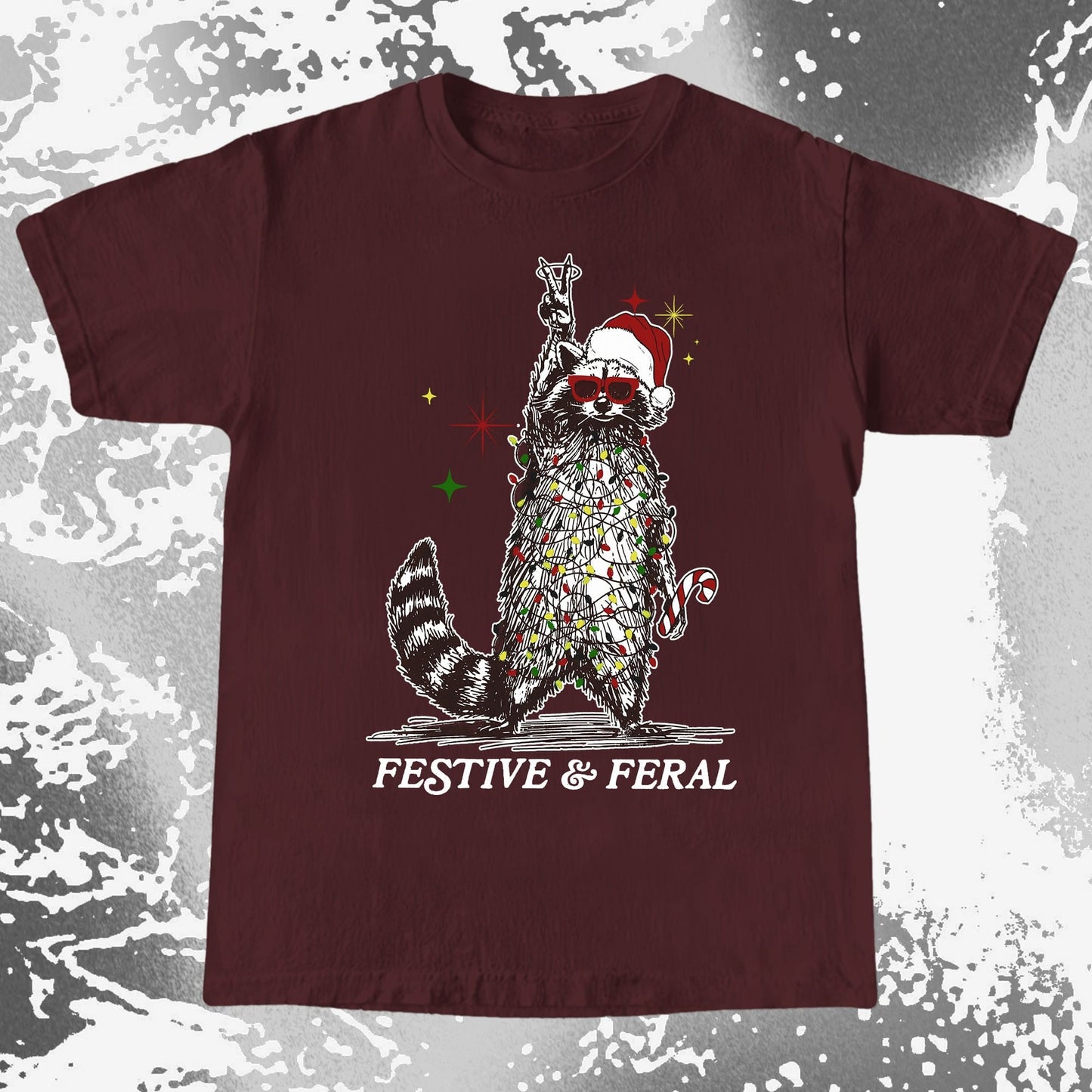 Festive and Feral Raccoon Christmas, funny meme tee gift (view 7)