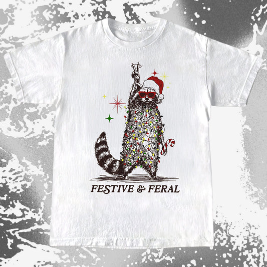 Festive and Feral Raccoon Christmas, funny meme tee gift