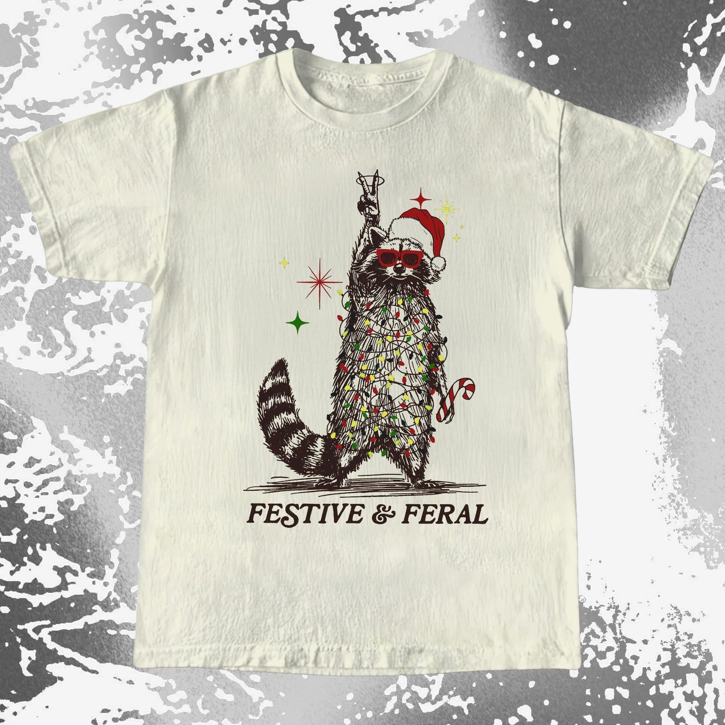 Festive and Feral Raccoon Christmas, funny meme tee gift (view 2)
