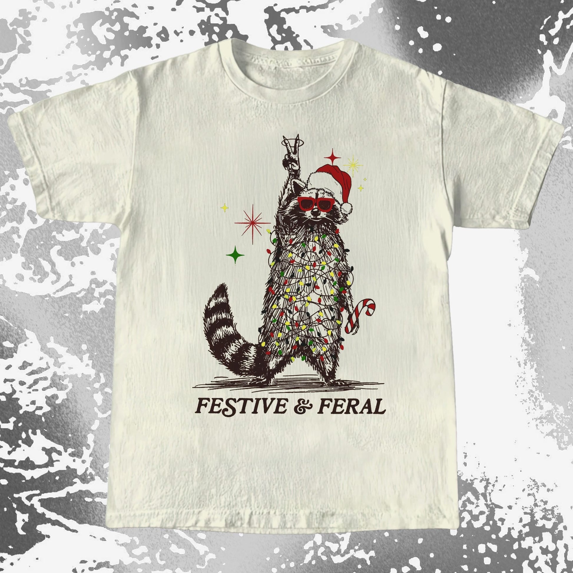 Festive and Feral Raccoon Christmas, funny meme tee gift (view 2)