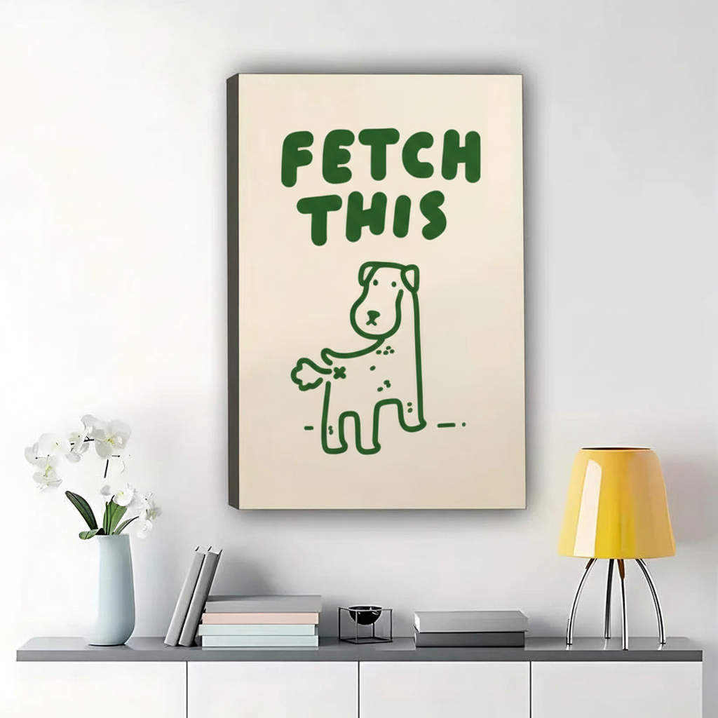 FETCH THIS Playful Dog – Retro Minimalist Wall Art on Natural Wood Canvas