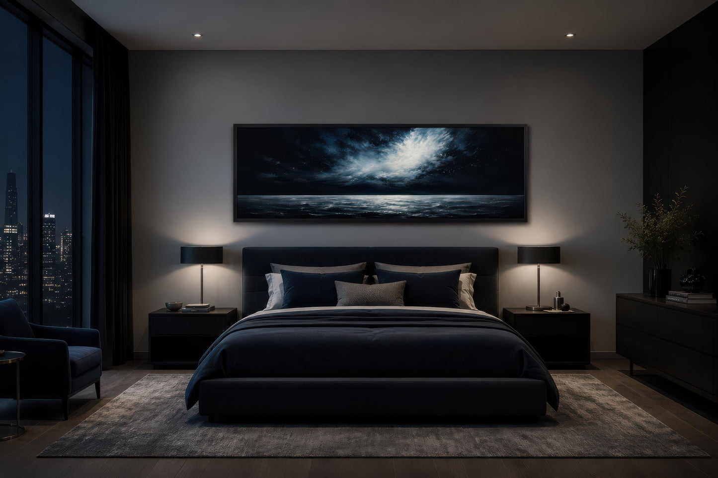 Dark Navy Moonlit Ocean Night Sky Seascape Painting, Moody Masculine Bedroom Decor Canvas Wall Art