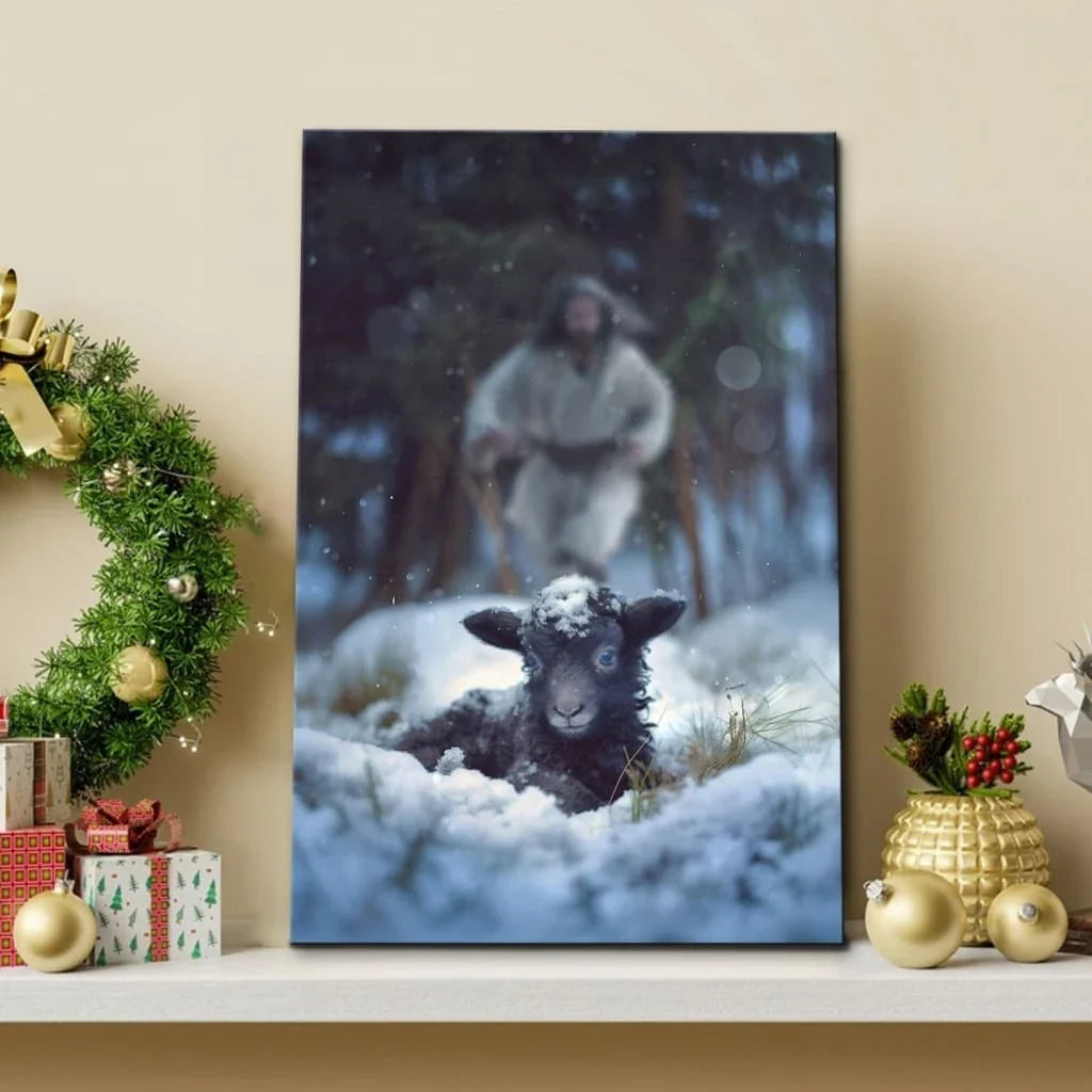 jesus running to rescue a lost sheep in a snowy forest wall art canvas (Landscape) (view 2)