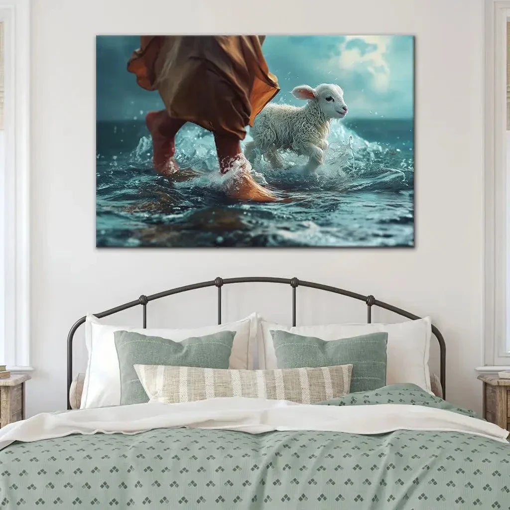 jesus walk on water with a lamb jesus and lamb wall art canvas (Landscape) (view 2)