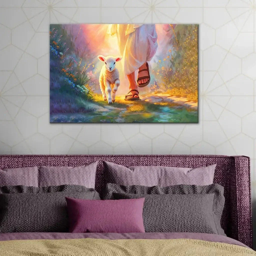 jesus walking with lamb wall art canvas (Landscape) (view 3)