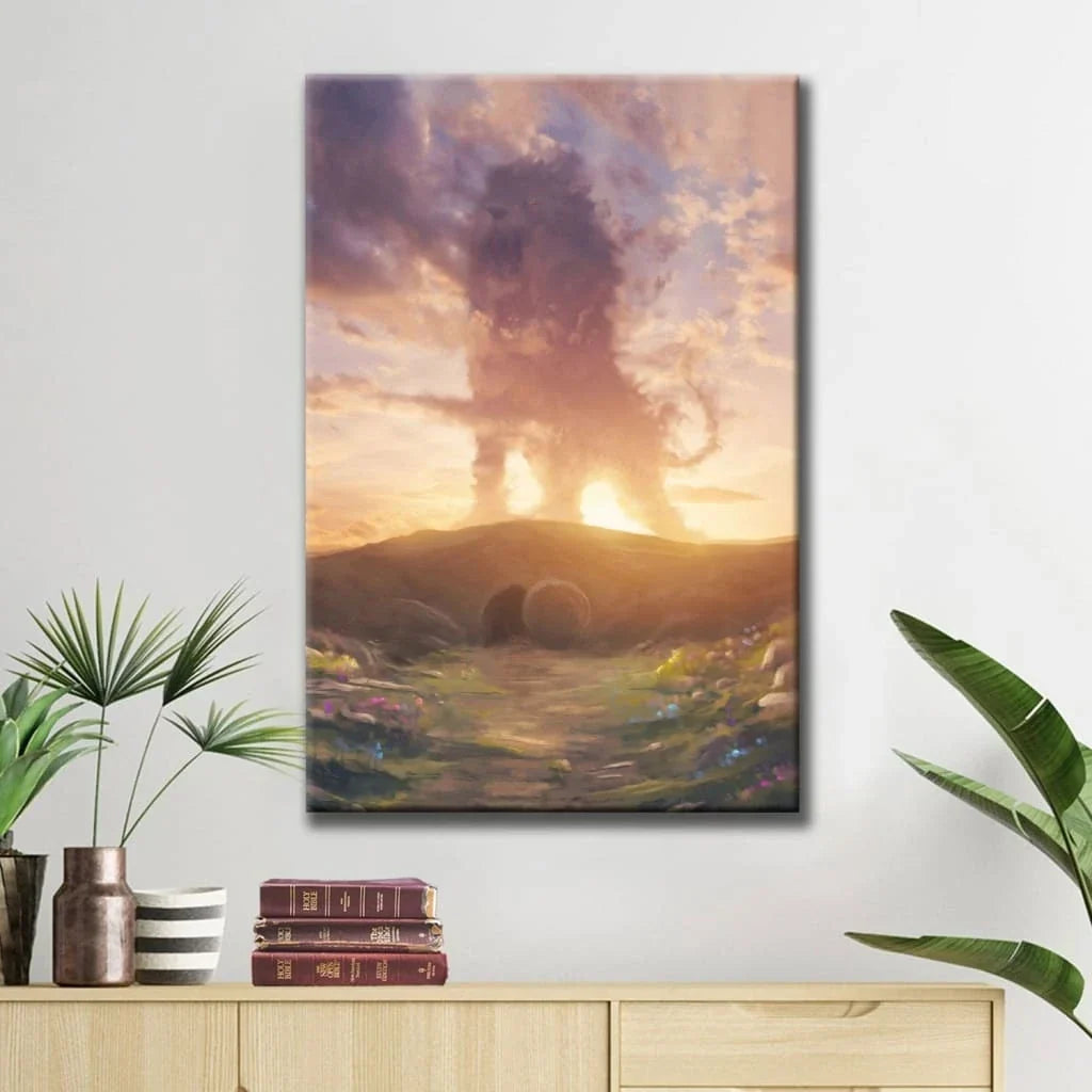 lion of judah above the empty tomb he is risen wall art canvas (view 2)