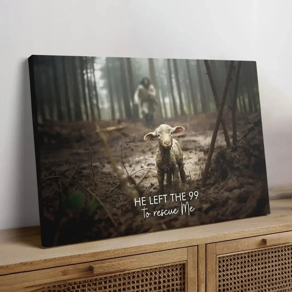 he left the 99 to rescue me jesus and lost sheep wall art canvas (view 3)
