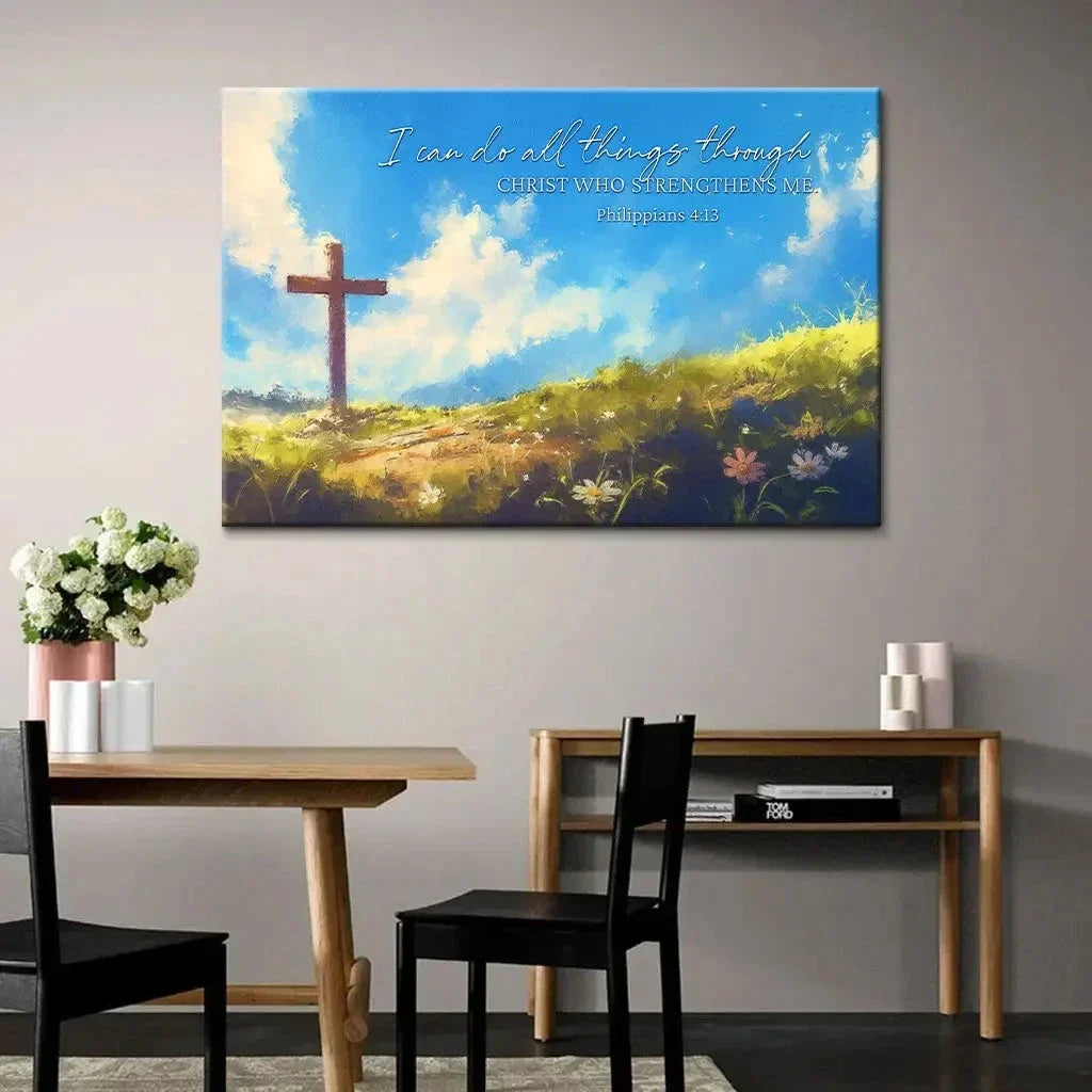 i can do all things through christ wooden cross philippians 4 13 wall art canvas print (Landscape) (view 3)