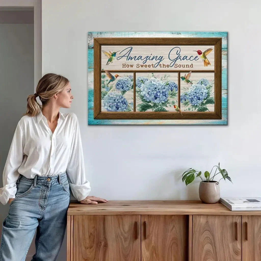 amazing grace how sweet the sound hummingbird and hydrangea christian wall art canvas (Landscape) (view 5)
