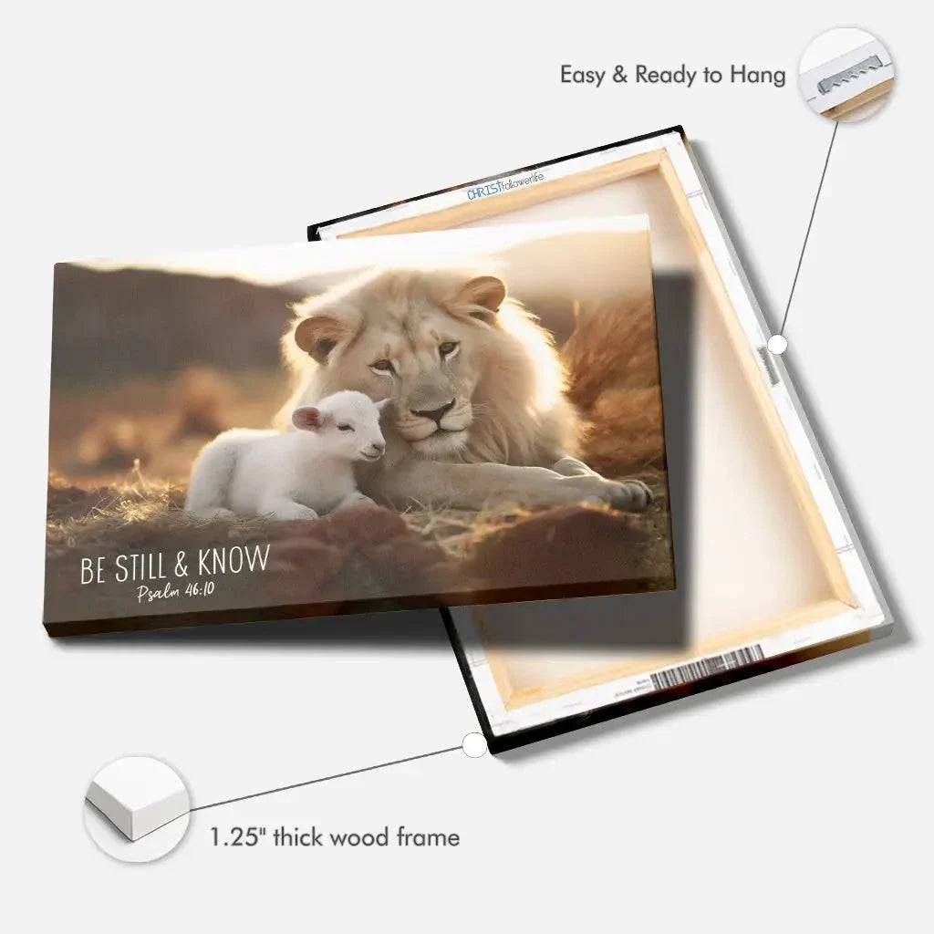 lion and lamb be still and know psalm 46 10 wall art canvas print (Landscape) (view 2)