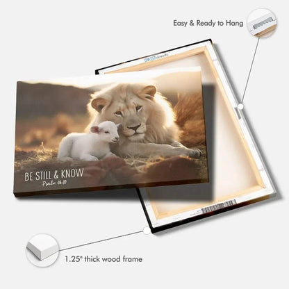 lion and lamb be still and know psalm 46 10 wall art canvas print (Landscape) (view 2)