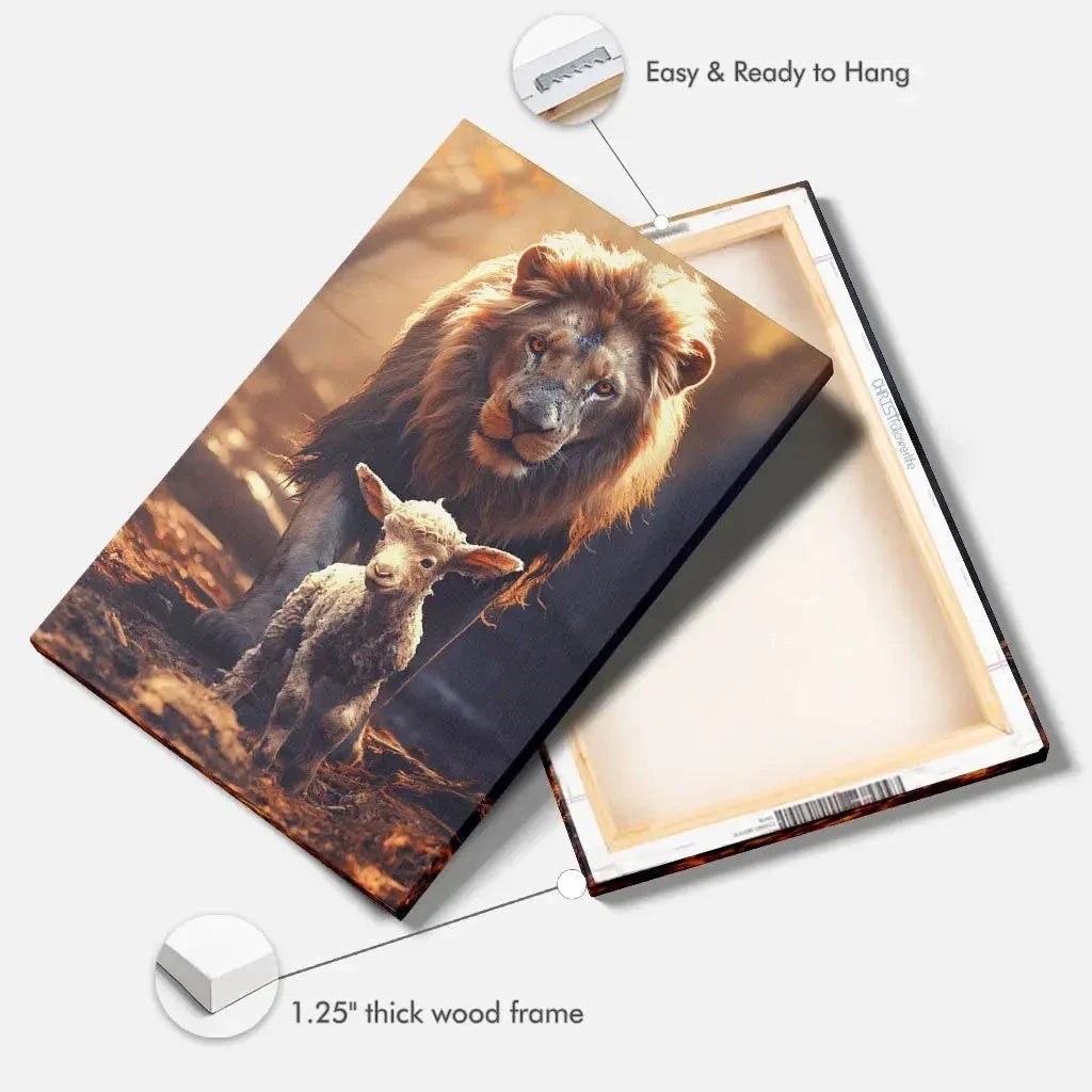 lion and lamb in the forest christian wall art canvas print (view 3)