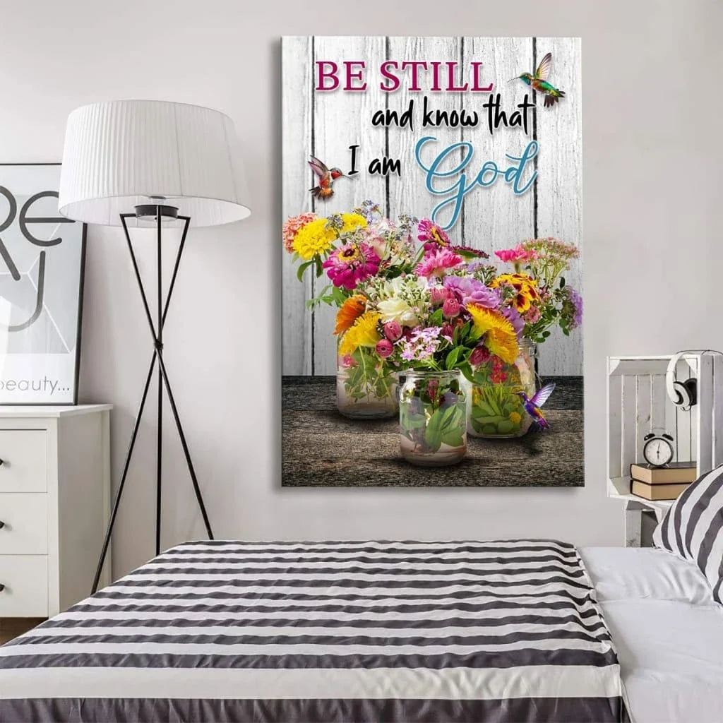 psalm 46 10 be still and know hummingbirds vase of flowers wall art canvas (view 3)