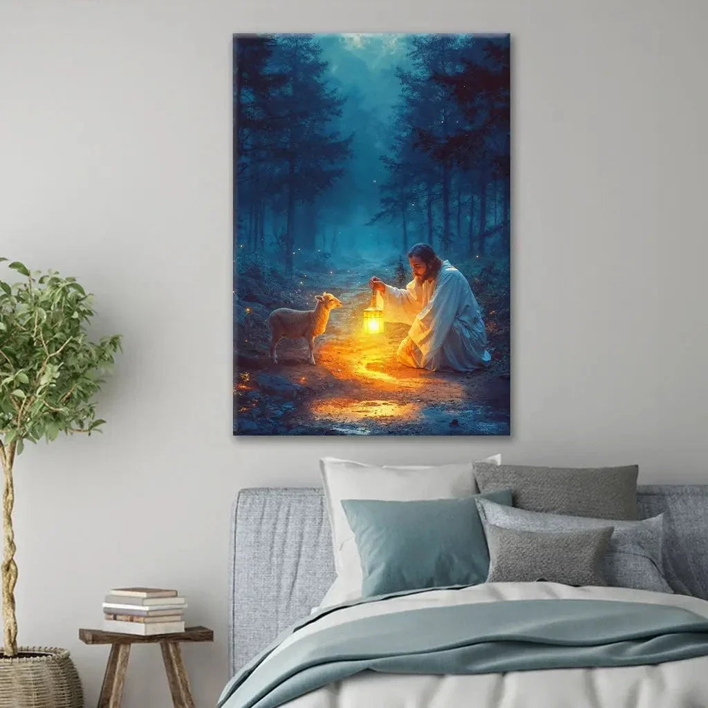 jesus rescues lamb at night wall art canvas (Landscape) (view 4)