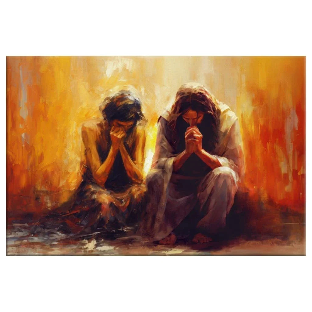 women and jesus praying wall art canvas print (Landscape) (view 2)