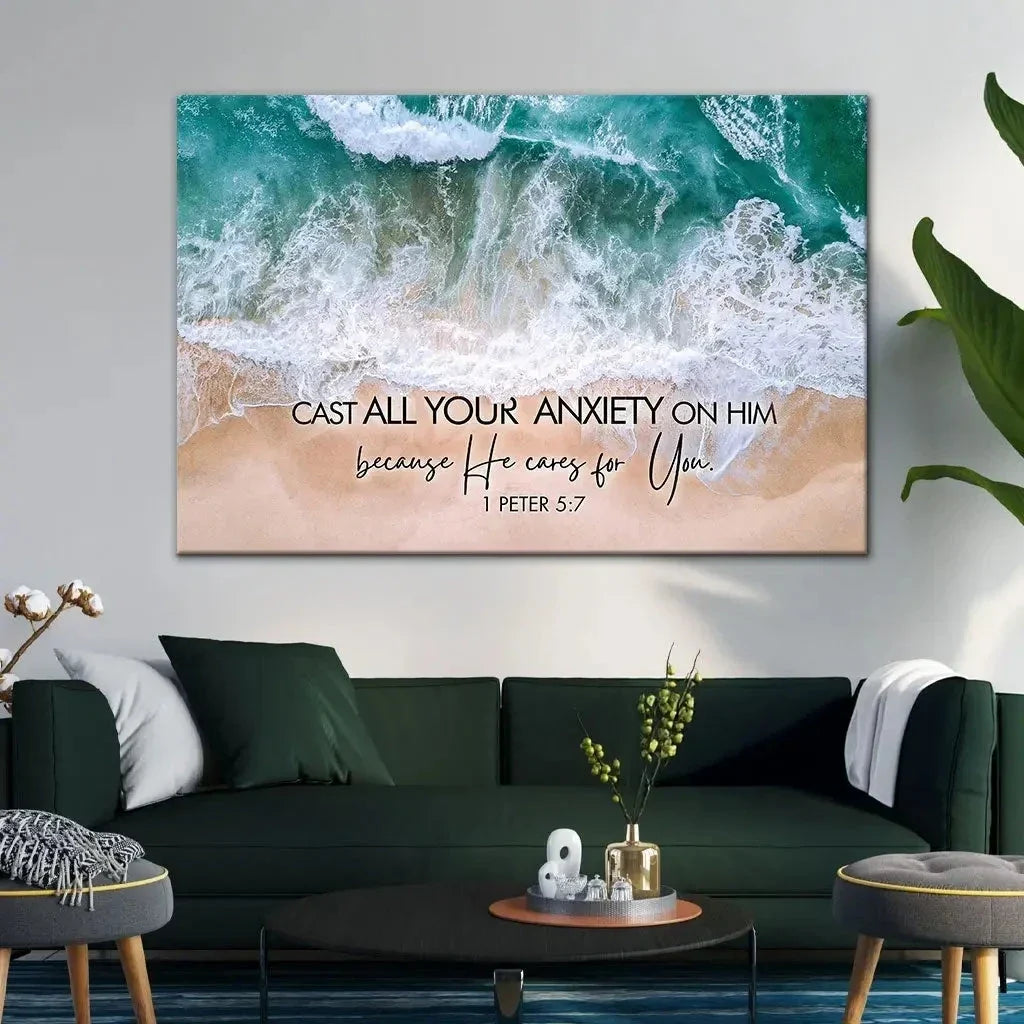 cast all your anxiety on him 1 peter 5 7 ocean waves wall art canvas (Landscape) (view 3)