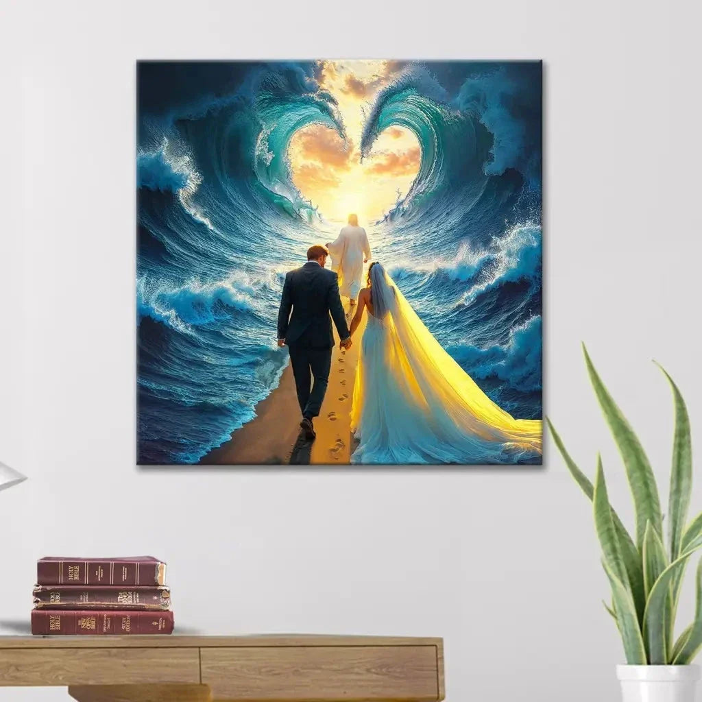 jesus leading a married couple through parted sea wall art canvas (view 4)