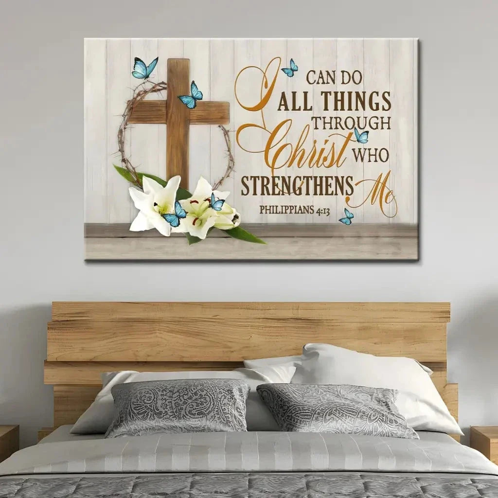 i can do all things through christ wooden cross lily flower butterflies wall art canvas (Landscape) (view 2)