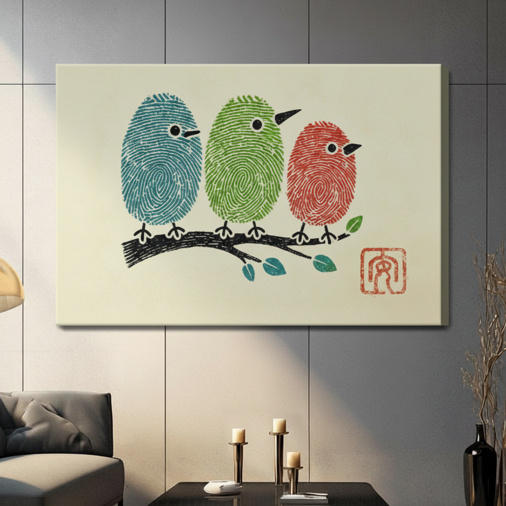Fingerprint Birds Colorful Whimsical Canvas Wall Art