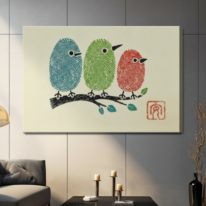 Fingerprint Birds Colorful Whimsical Canvas Wall Art