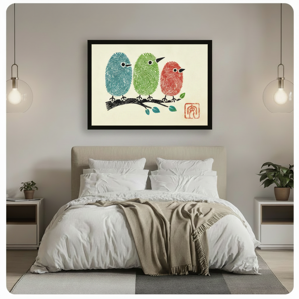 Fingerprint Birds Colorful Whimsical Canvas Wall Art