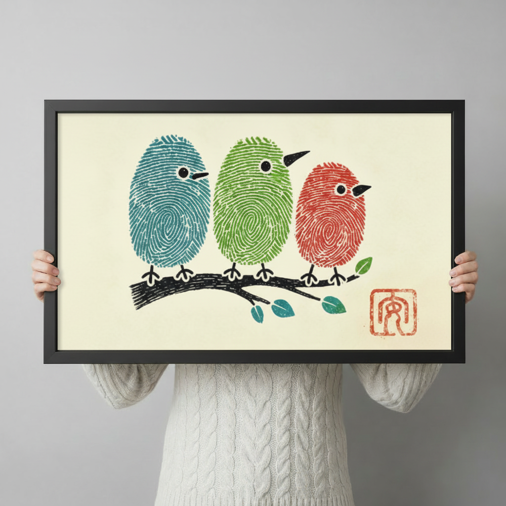 Fingerprint Birds Colorful Whimsical Canvas Wall Art
