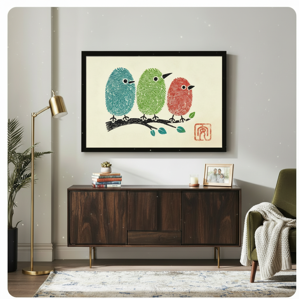 Fingerprint Birds Colorful Whimsical Canvas Wall Art