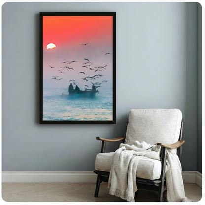 Fishermen Sunrise Seagulls Ocean Canvas Print