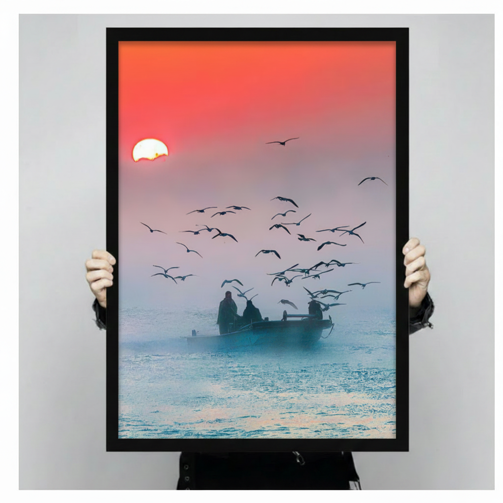 Fishermen Sunrise Seagulls Ocean Canvas Print
