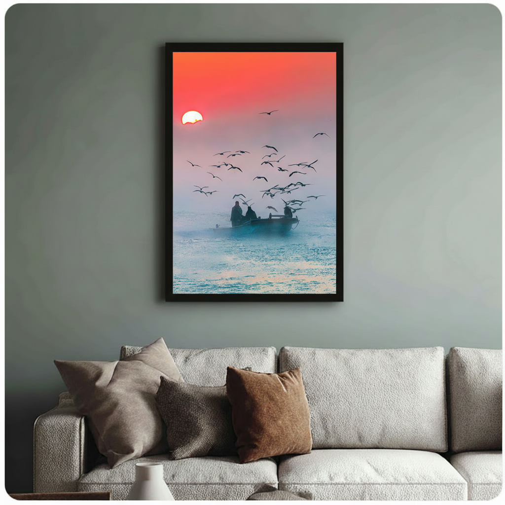 Fishermen Sunrise Seagulls Ocean Canvas Print