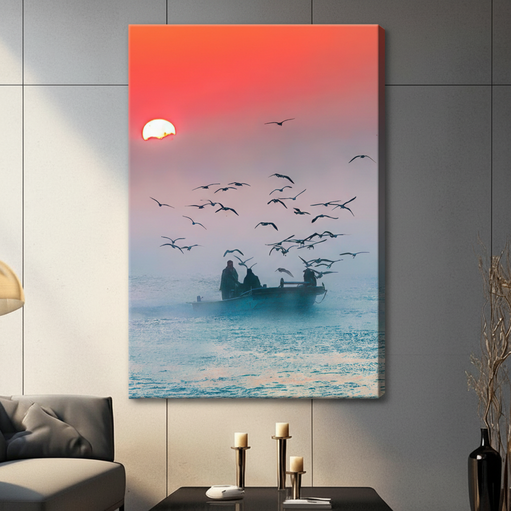 Fishermen Sunrise Seagulls Ocean Canvas Print