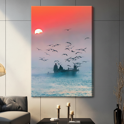 Fishermen Sunrise Seagulls Ocean Canvas Print
