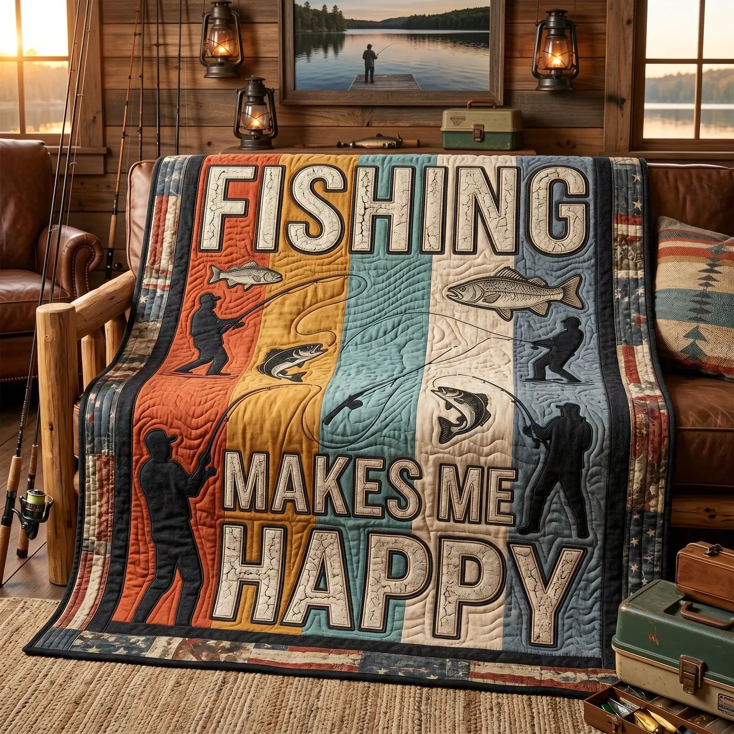 Fishing Makes Me Happy Quilt Blanket
