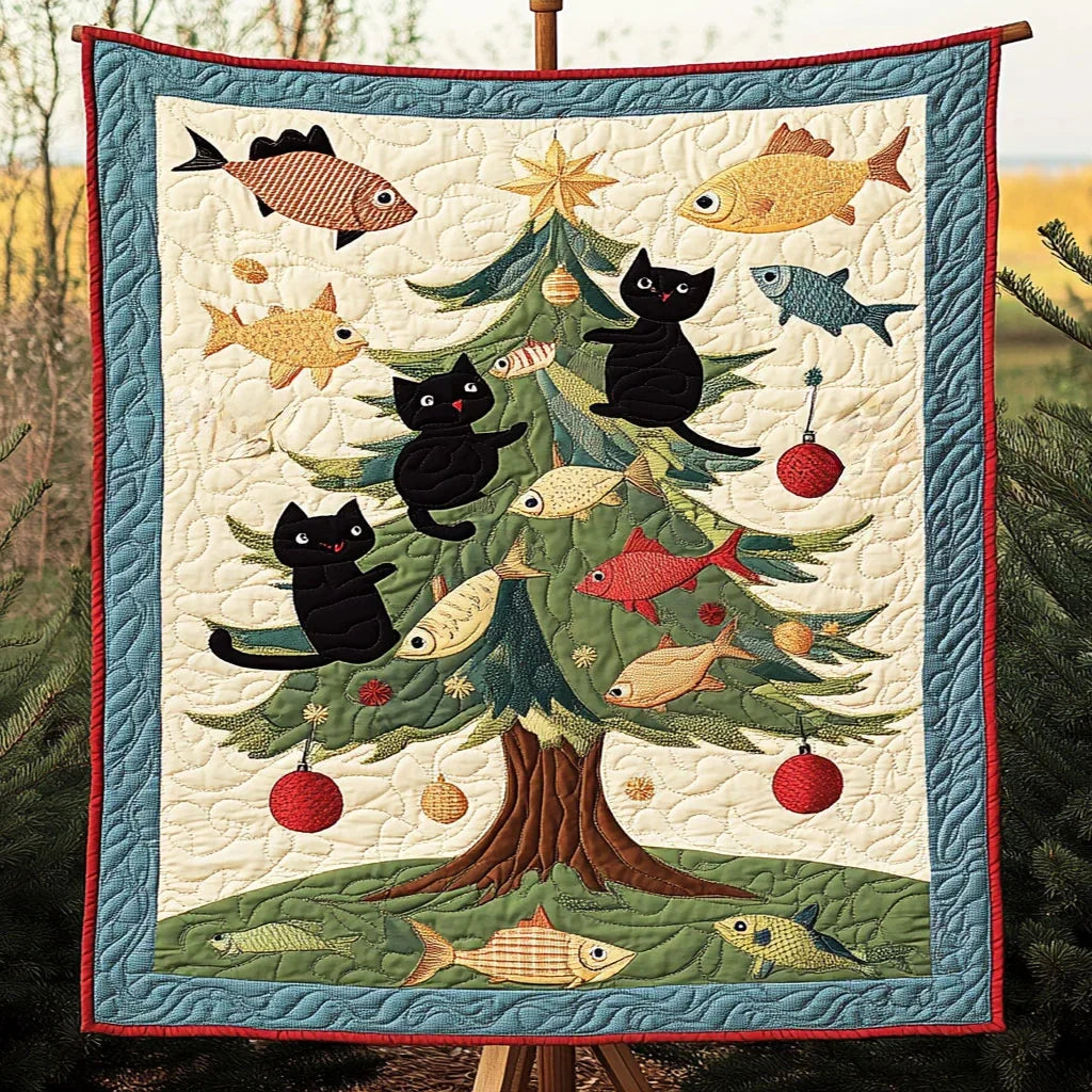 Fishy Tree Black Cat Quilt Blanket