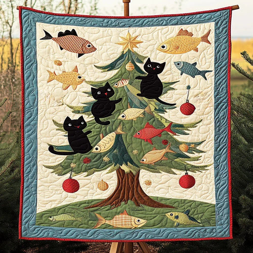 Fishy Tree Black Cat Quilt Blanket