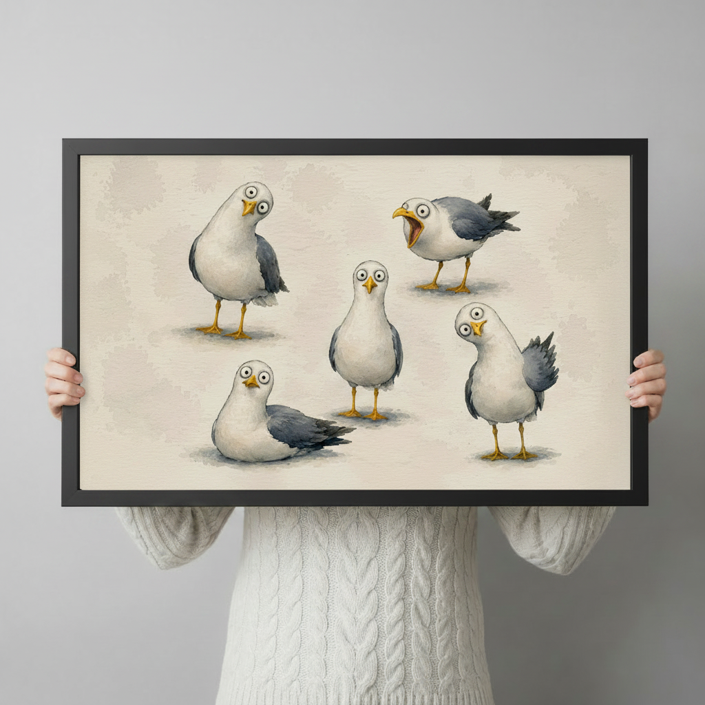 Funny Seagulls Whimsical Bird Canvas Wall Art