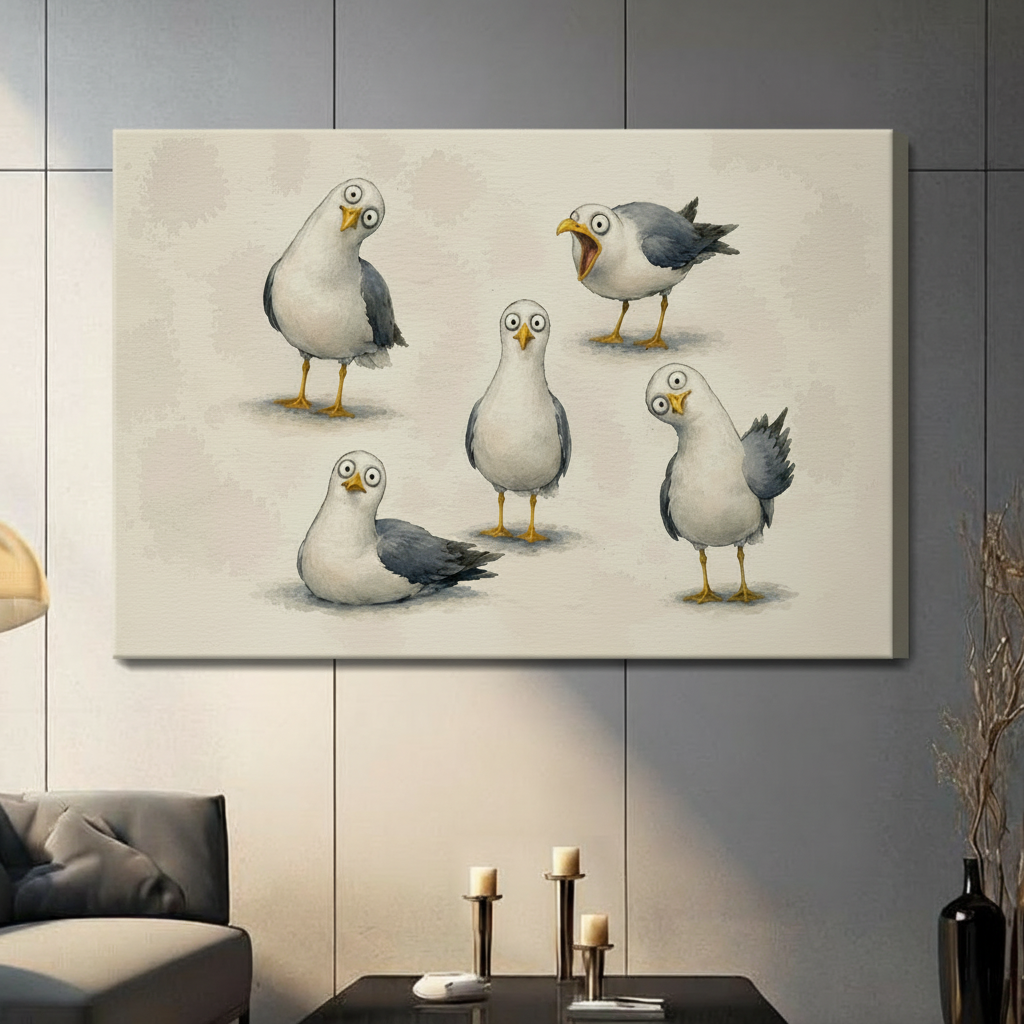 Funny Seagulls Whimsical Bird Canvas Wall Art