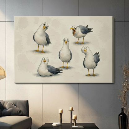 Funny Seagulls Whimsical Bird Canvas Wall Art
