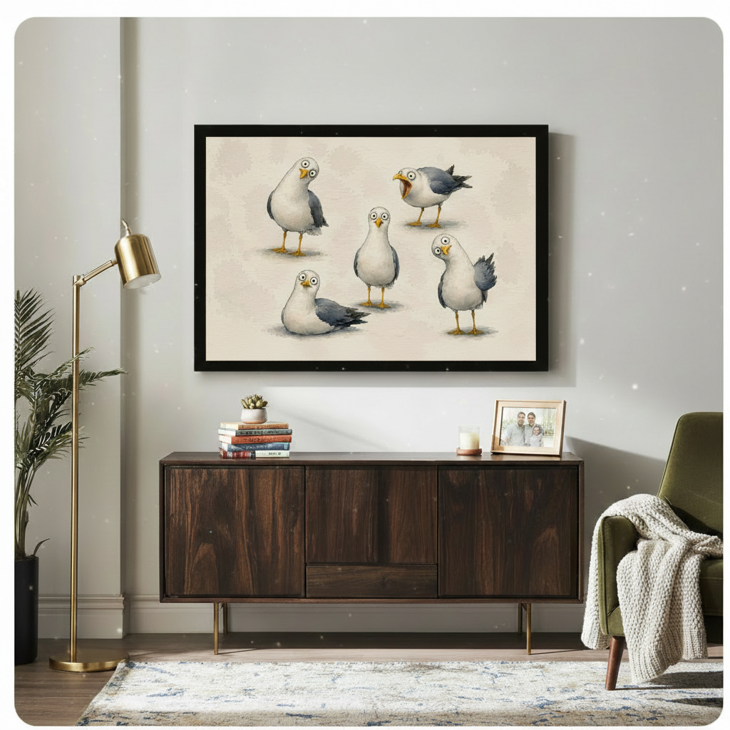 Funny Seagulls Whimsical Bird Canvas Wall Art