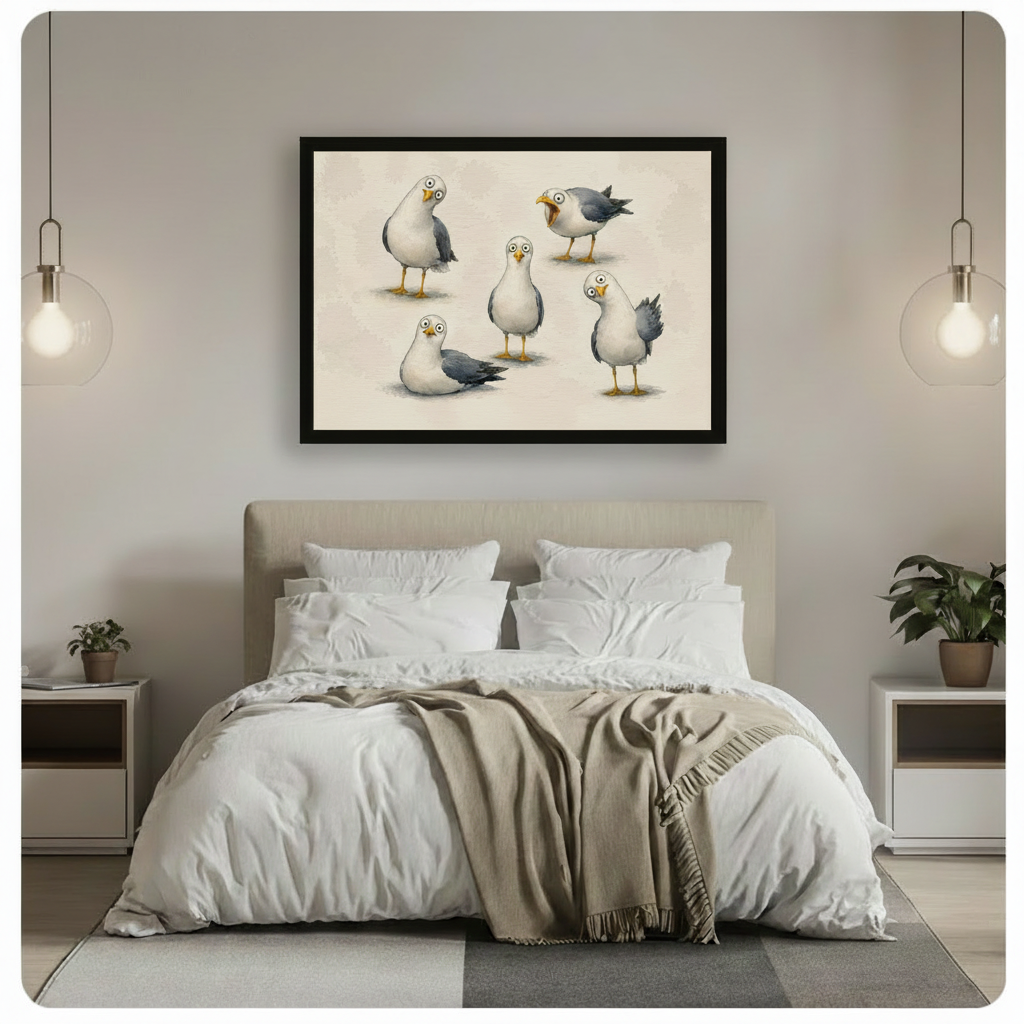 Funny Seagulls Whimsical Bird Canvas Wall Art
