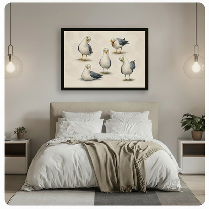 Funny Seagulls Whimsical Bird Canvas Wall Art