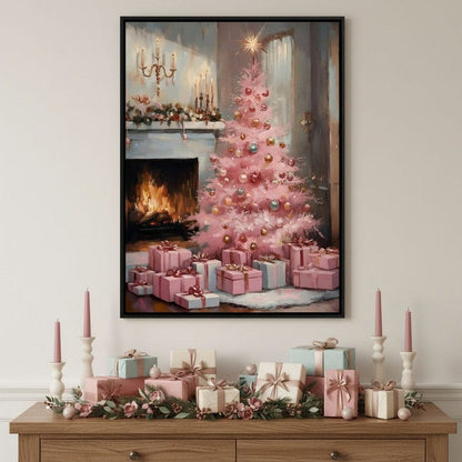 Pink Christmas Hearth Glow Canvas Wall Art