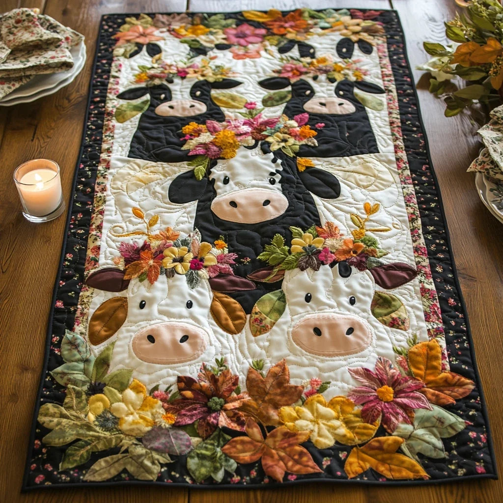 Floral Cows Quilted Table Runner