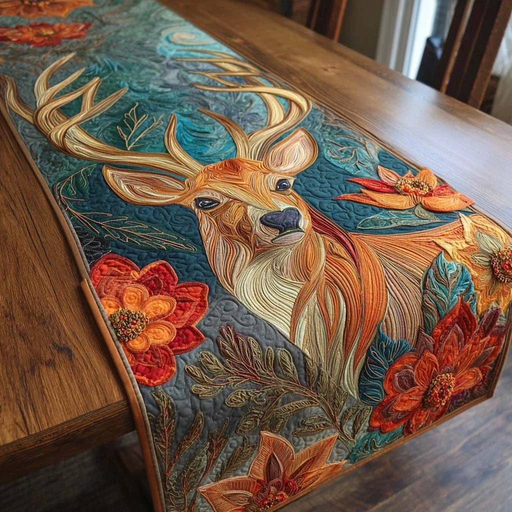 Floral Crest Stag Quilted Table Runner