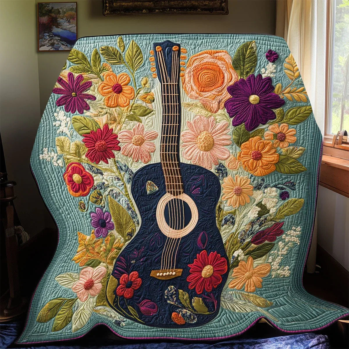 Floral Guitar Quilt Blanket
