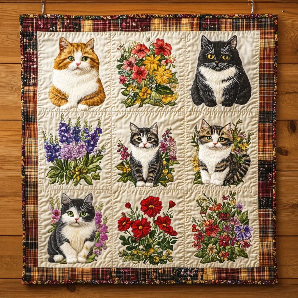 Floral Harmony Cat Quilt Blanket