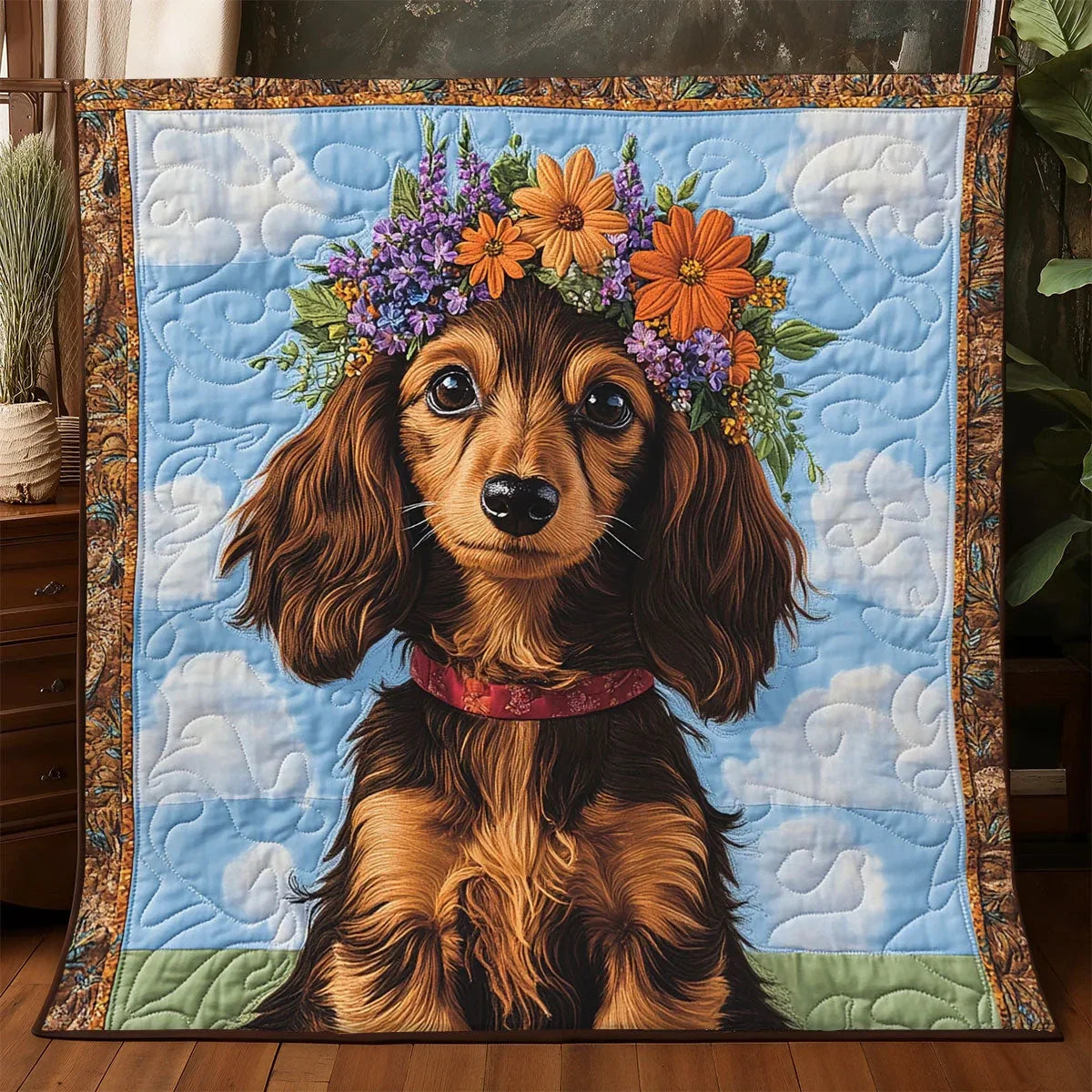Floral Sausage Pup Quilt Blanket