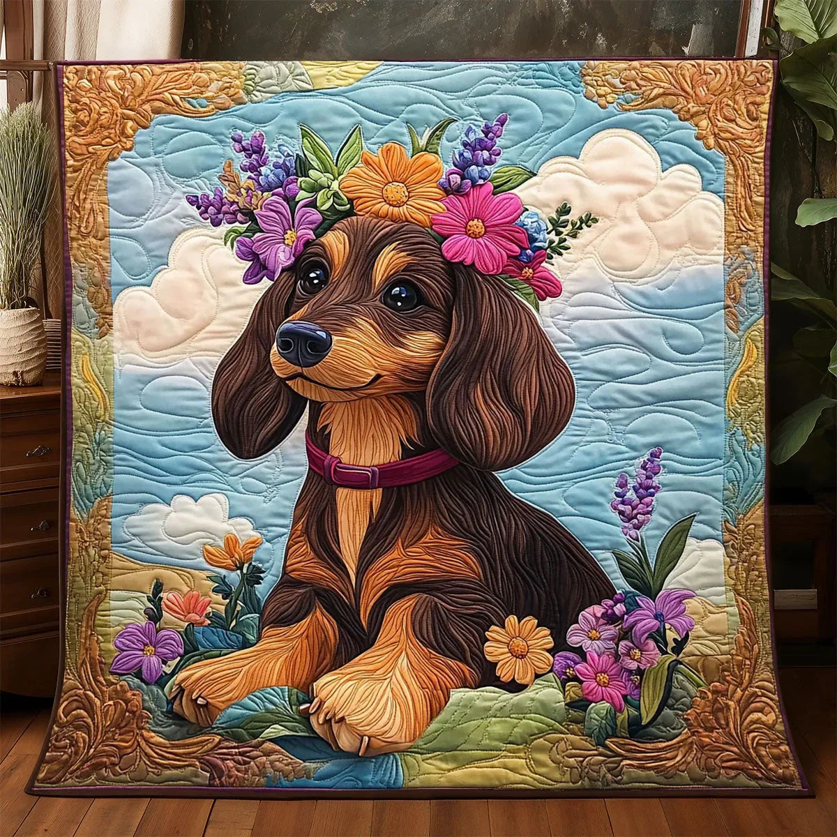 Floral Sausage Pup Quilt Blanket