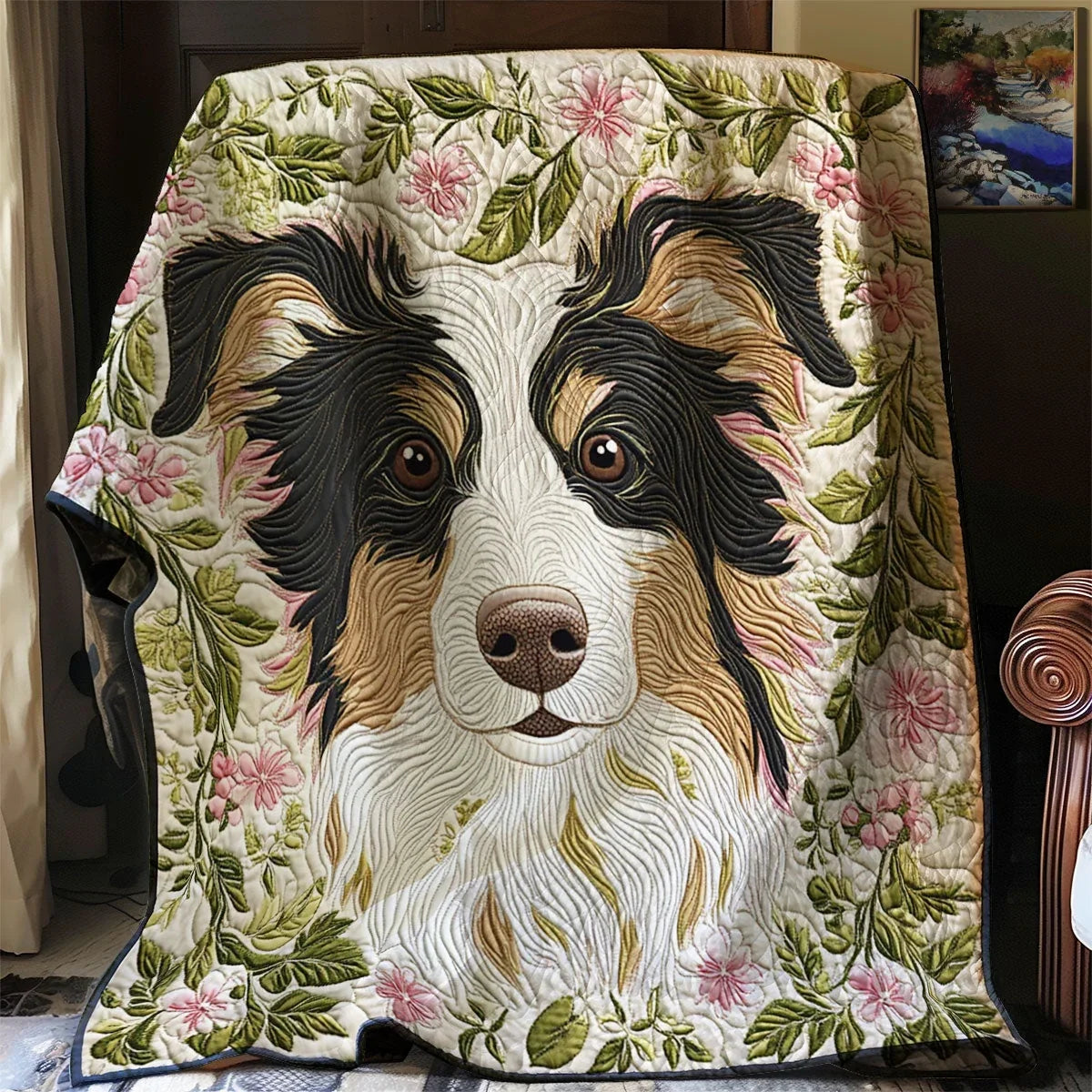 Flower Border Collie Quilt Blanket