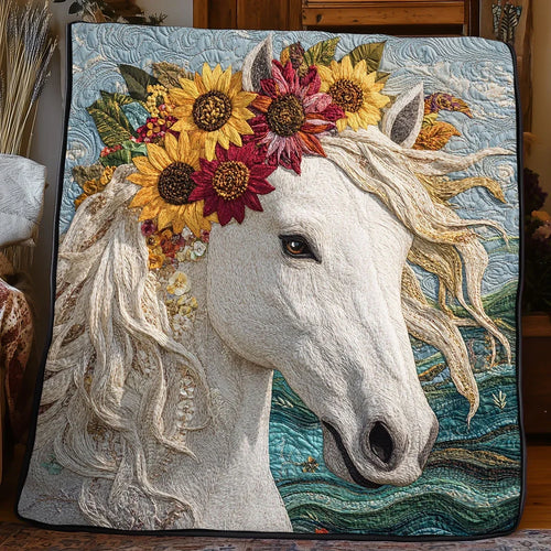 Flower White Horse Quilt Blanket